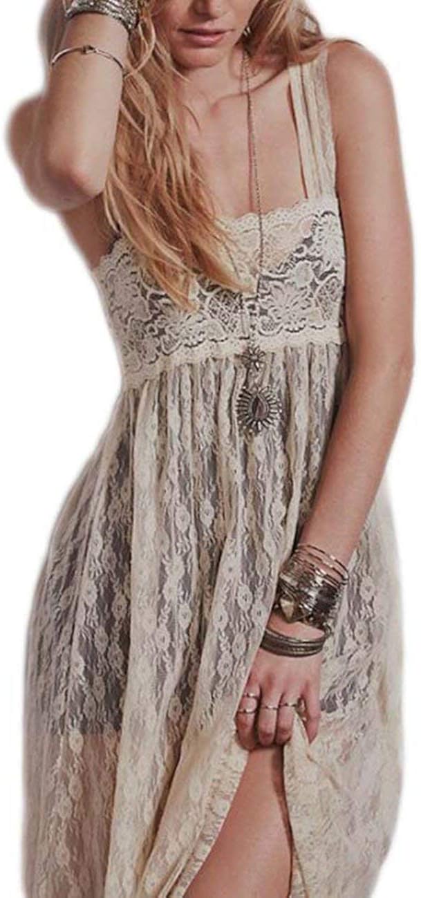 Vivilover Maxi Dresses for Women Lace Babydoll Nightwear Long Gown Lingerie Dress: Clothing