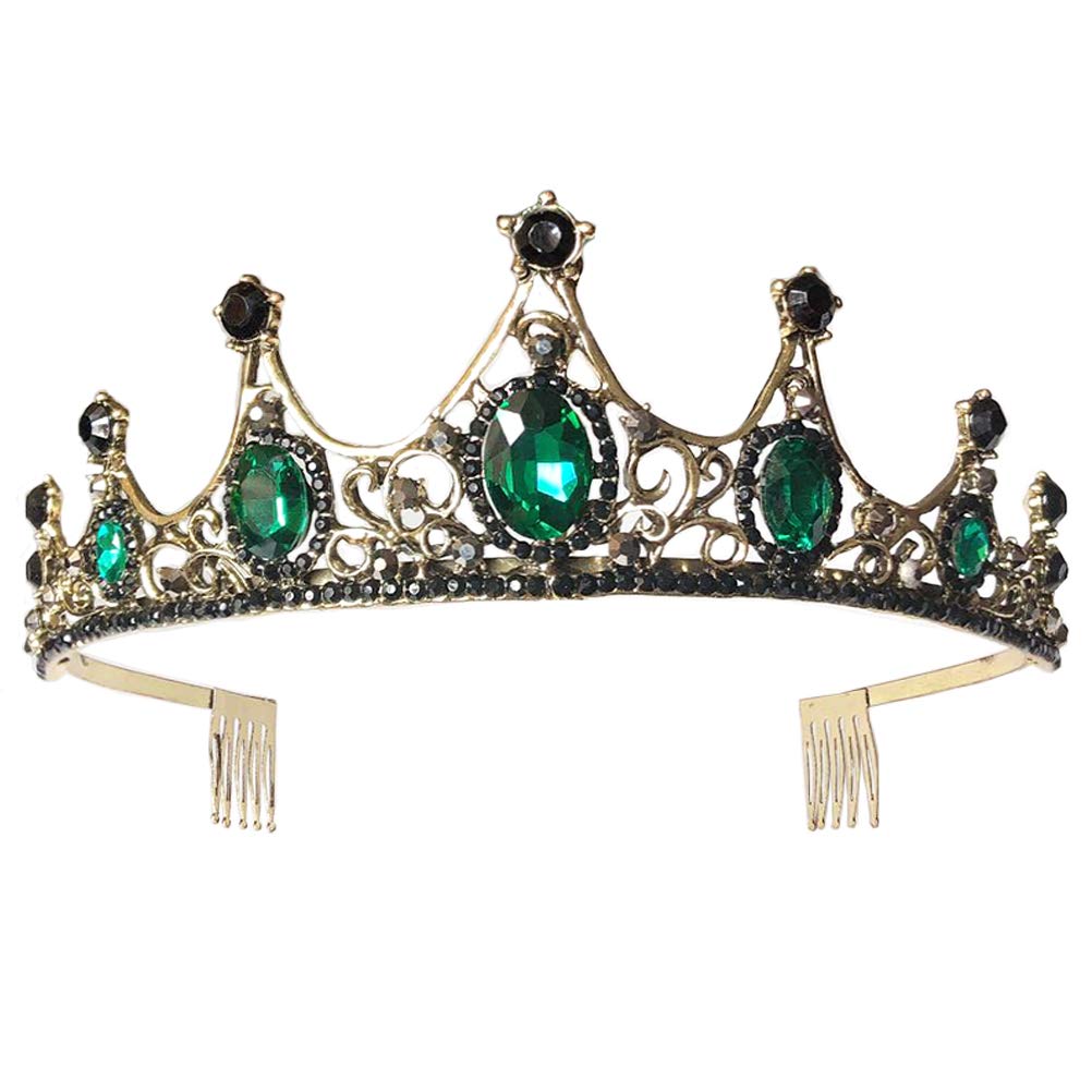 Rhinestone Crown Wedding Bride Tiara Women Headdress Elegant Headwear Photography Props Party Headpiece (Green and Golden)