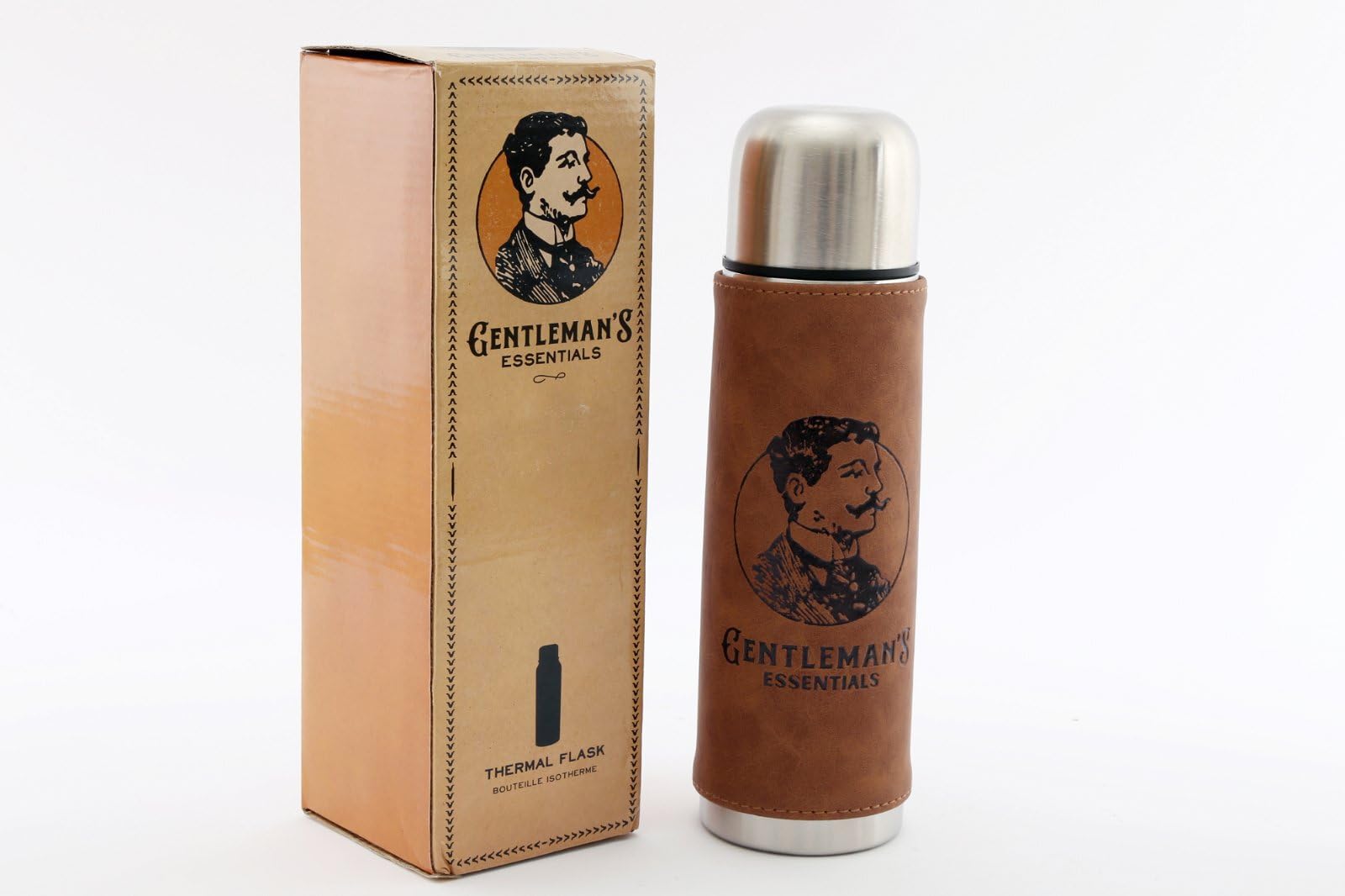 Delightful 'Gentleman's Essentials' gents thermal flask drink bottle with faux leather covering