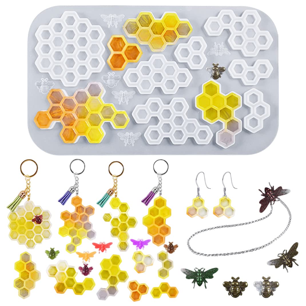 DIYBravo Honeycomb + Bee Silicone Mould for Resin Clay, Honeycomb Epoxy UV Resin Moulds Coaster Earring Wind Chime Key Chain Keyring Resin Casting Mould