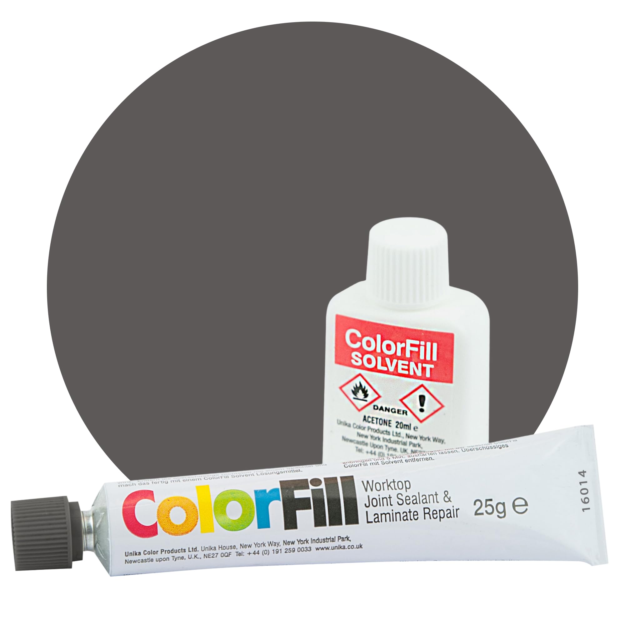 Unika ColorFill Mid Grey (CF256) – Laminate Worktop Repair Kit, Joint Compound, Sealant & Filler 25g Tube + Applicator + 20ml Solvent – Kitchen Worktop Scratch Repair