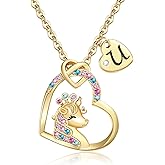 Chunyee Unicorn Necklace for Girls, 18K Gold Plated CZ Heart Initial Necklace, Birthday Gifts for Girls & Teens