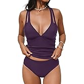 CUPSHE Women's Tankini Set V Neck Crisscross Adjustable Straps Cutout Two Piece Swimsuit Mid Rise Ruched