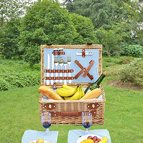 SatisInside New 2019 USA Insulated Deluxe 16Pcs Picnic Hamper Wicker Picnic Basket Set for 2 People - Reinforced Handle - Blue Gingham