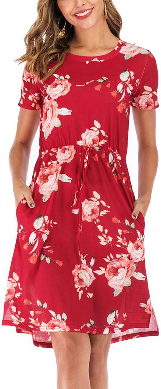 Women Casual Round Neck Long Sleeve Pleated Solid Short Dress with Pockets