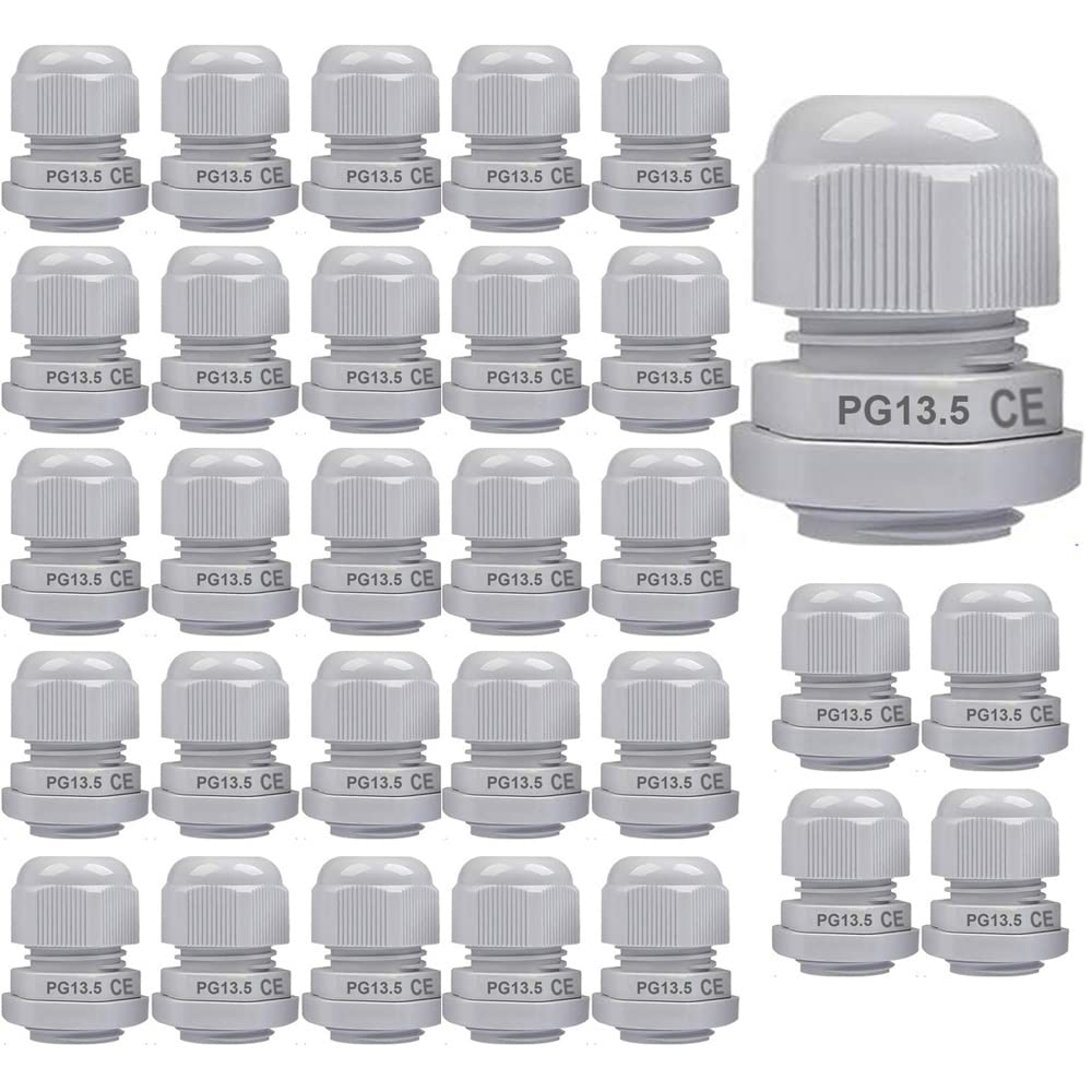 Gebildet 30Pcs Cable Gland, PG13.5 Plastic IP68 Waterproof Adjustable 6.0-12mm Cable Gland Joint with Gaskets, M20 x 1.5 Wire Connector, Wire Protector (White)