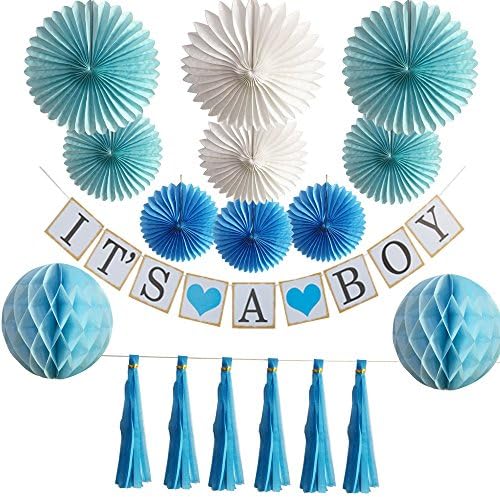 Baby Shower Decorations for Boy (13pcs) - “It’s A Boy” Banner,Paper Fans, Honeycomb Paper Balls, Tassels,Party Supplies Set for Boys(Blue)