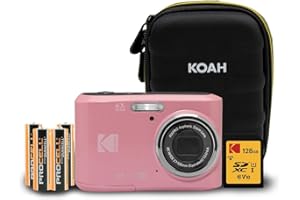 Kodak PIXPRO FZ45 Friendly Zoom 16MP 1080p Full HD Digital Camera (Pastel Pink) with 128GB SD Card, Compact Camera Case and Extra 4X AA Batteries Bundle (4 Items)