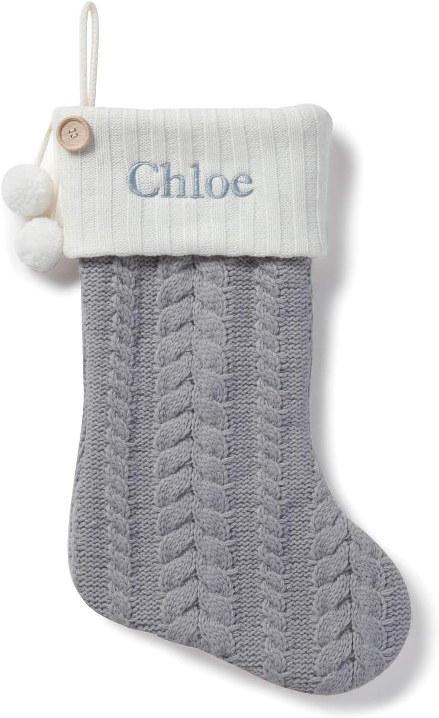 Stockings & Holders - Personalized Planet Traditional Gray Cable Knit Christmas Stocking with Custom Name Embroidery | White Cuff | Detailed with Button and Pom Pom Accents | Festive Christmas Home Décor | Ready to Hang