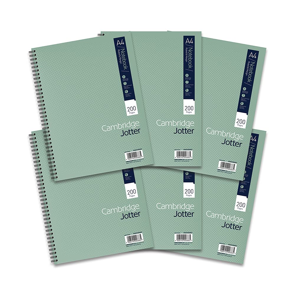 Cambridge Jotter A4 Card Cover Wirebound Notebook Ruled with Margin 200 Page, 6 Notebooks, Green