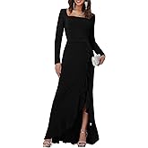 Simlakey Womens Maxi Dress Long Sleeve Square Neck Bodycon Dress Fall Ruffle Hem Mermaid Cocktail Wedding Guest Long Dress