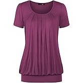 DJT Women's Short Sleeve Summer Tops Scoop Neck Pleated Front Casual Tee T Shirt