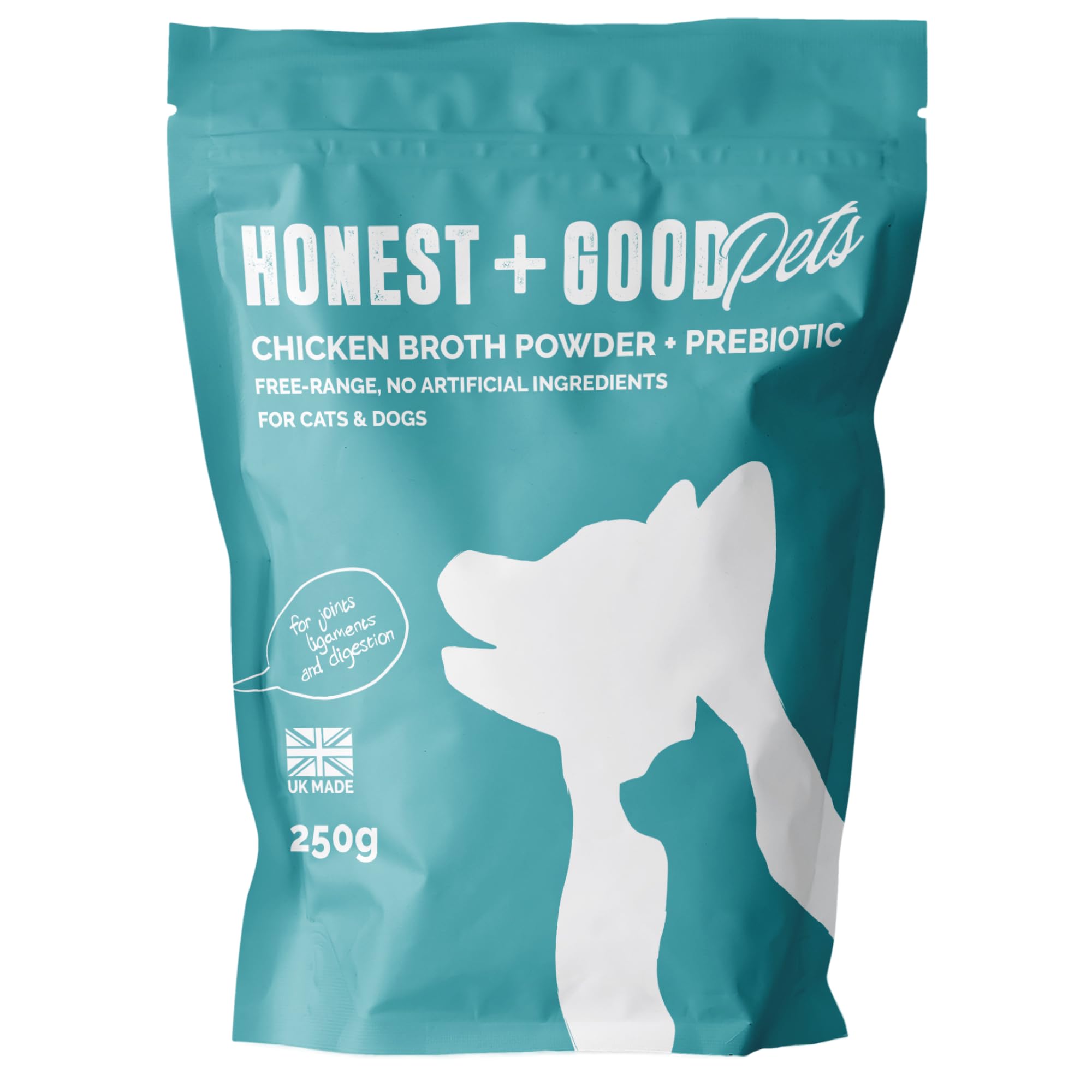 Honest + Good Pet Chicken Bone Broth & Pre-Biotic - 250 g | 50 Servings | Supports Growth, Joint Health & Mobility for Dogs & Cats | High in Type II Collagen, Electrolytes & Fibre