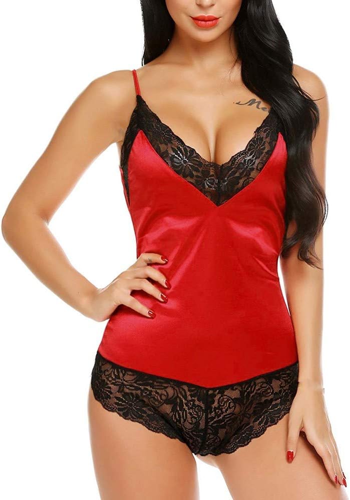 Women Satin Lingerie Bodysuit V-Neck Lace Camis Babydoll Set Short Jumpsuit Pajamas