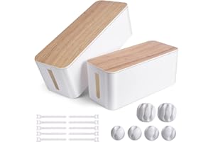 TUWECHEN Cable Management Box, 2 Pack Large & Medium Bamboo Style Cable Organizer Box with 17 PCS Cable Management Set, Cord Organizer Box to Hide Surge Protector on Desk or Floor (White)