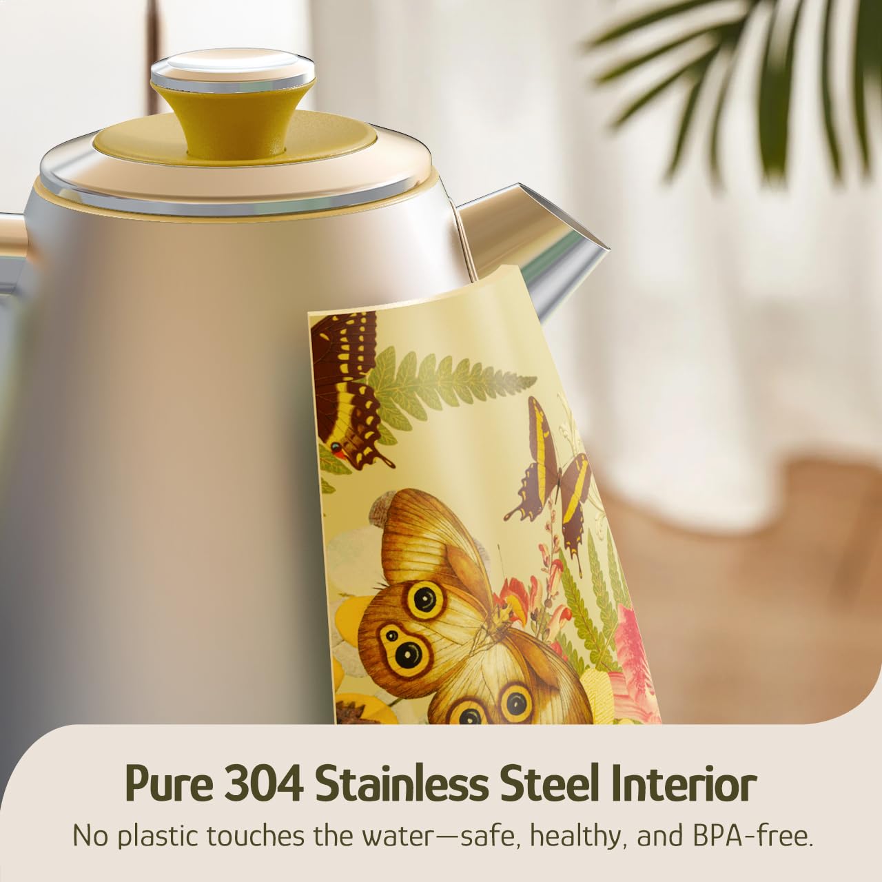 Hazel Quinn X Eduardo Recife Hervidor eléctrico - 1200 W de ebullición rápida de agua, 1,7 L/57 oz, interior de acero inoxidable 304, sin BPA, apagado automático, tetera retro inalámbrica con termómetro - estampado floral