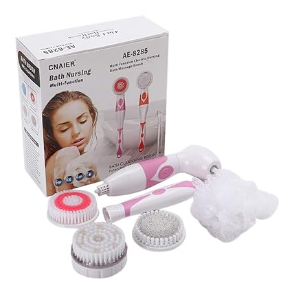 Chhel 4 in 1 Electric Shower Brush Set, Long Handle Waterproof Bath Body Back Massage Scrubber Exfoliation Kit with 4 Removable Head (Pink)