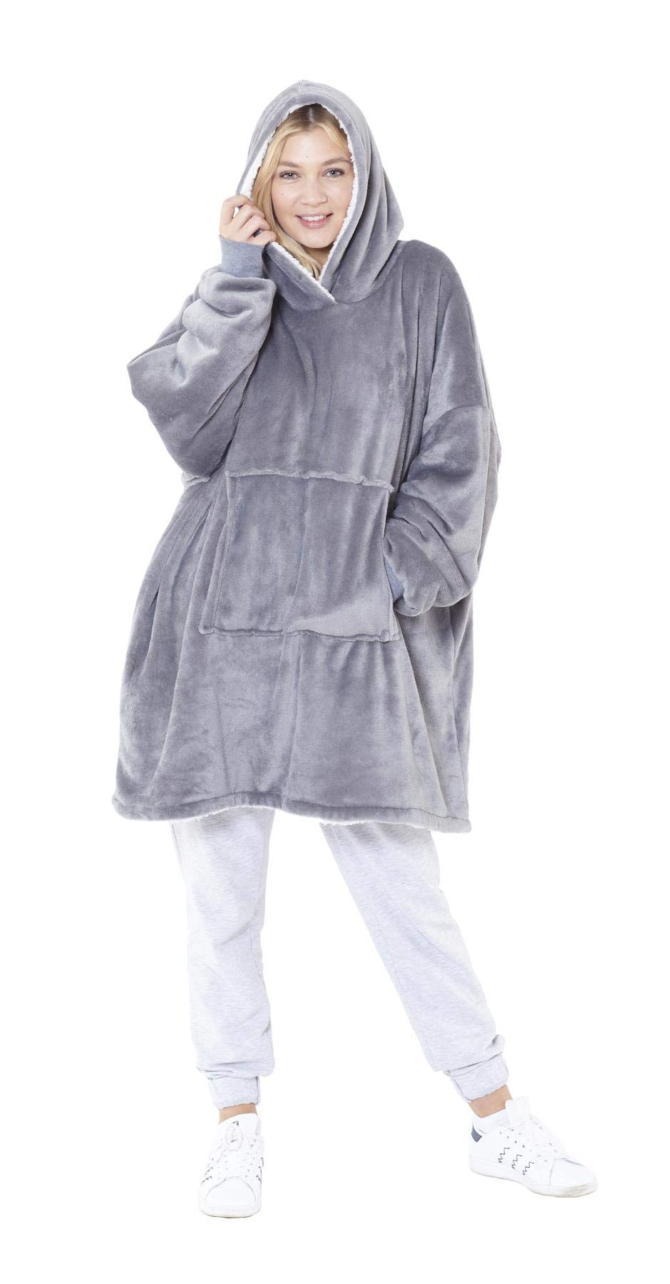 Eskimo Oversized Sherpa Hoodie Sweatshirt Blanket - Warm and Cozy - Reversible with Pockets Grey