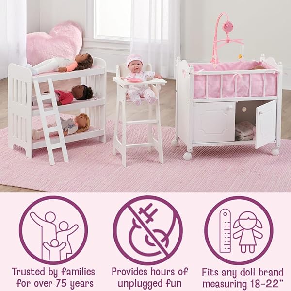 BADGER BASKET WOODEN TOY DOLL BED WITH STORAGE, MOBILE, AND BEDDING TO PRETEND AND PLAY – INCLUDES WHEELS AND FREE PERSONALIZATION KIT – WHITE WITH PINK GINGHAM FABRIC