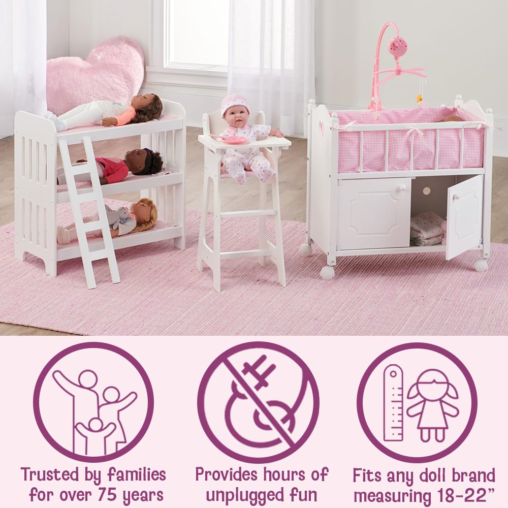 Badger Basket Doll Crib with Bedding, Storage Baskets, Mobile & Personalization Kit - Ideal Nursery Set for Dolls Up to 22 Inches, Best for Doll Accessories & Playtime - White/Pink