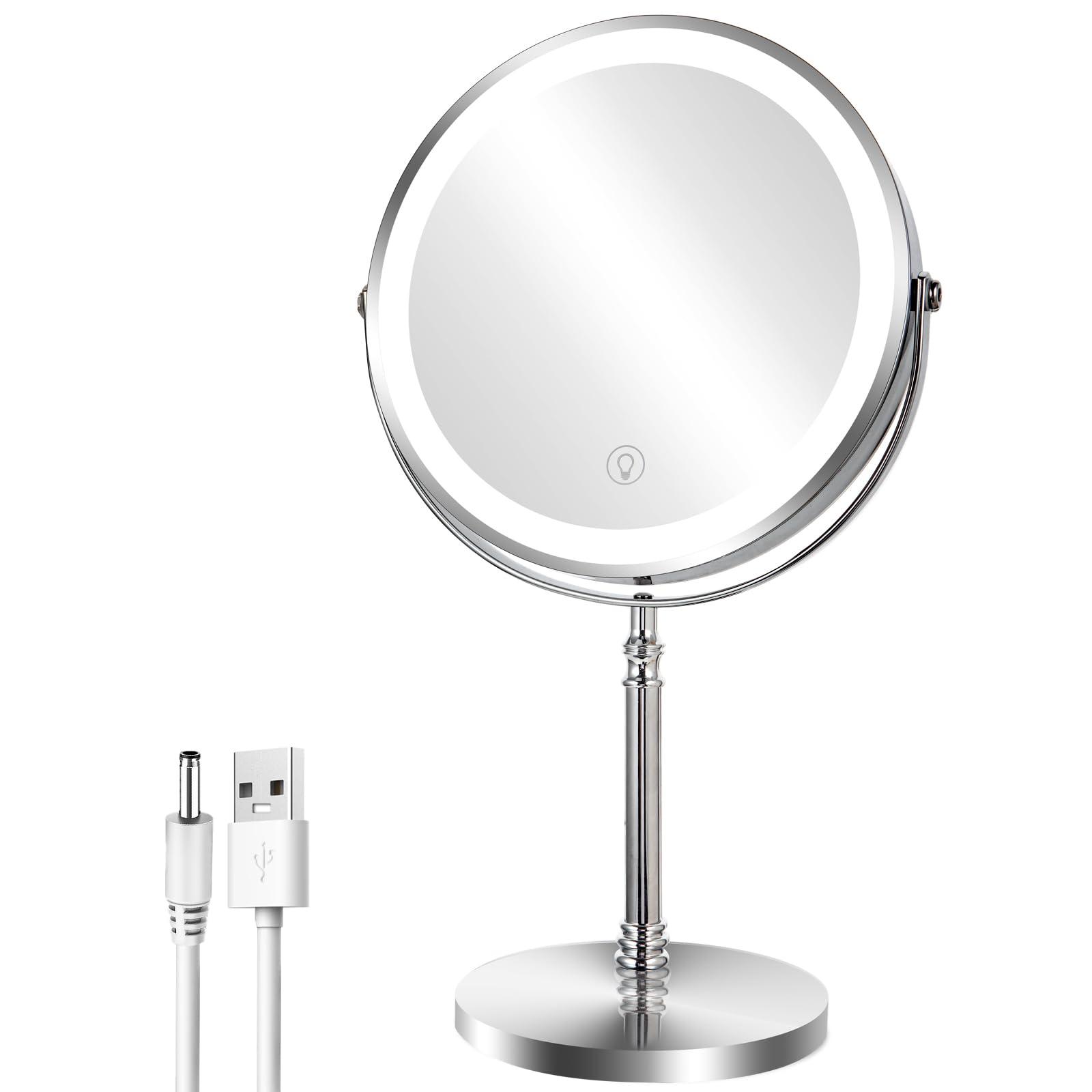 AusDaur 8” Magnifying Makeup Mirror With Light - 1X/10x 360 Rotation Touch Screen Vanity Mirror with Rechargeable 3 Color Lights for Men/Women