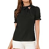 Allegra K Women's Bow Tie Neck Tops Elegant Office Short Sleeve Blouse