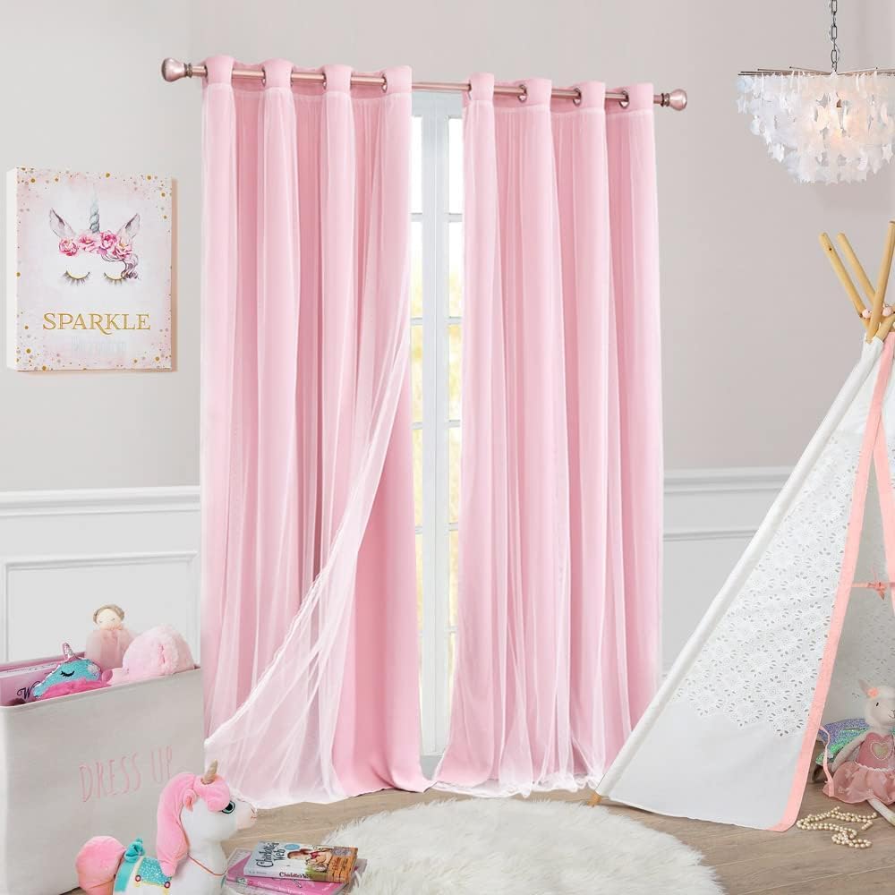 Photo 1 of SOFJAGETQ Short Pink Curtains 63 Inch Long- Blackout Curtains with Voile Sheer Drapes Thermal Pink Window Treatments with Tie-Backs for Kids/Girls Bedroom Nursery Living Room, Elegant, 2 Panels