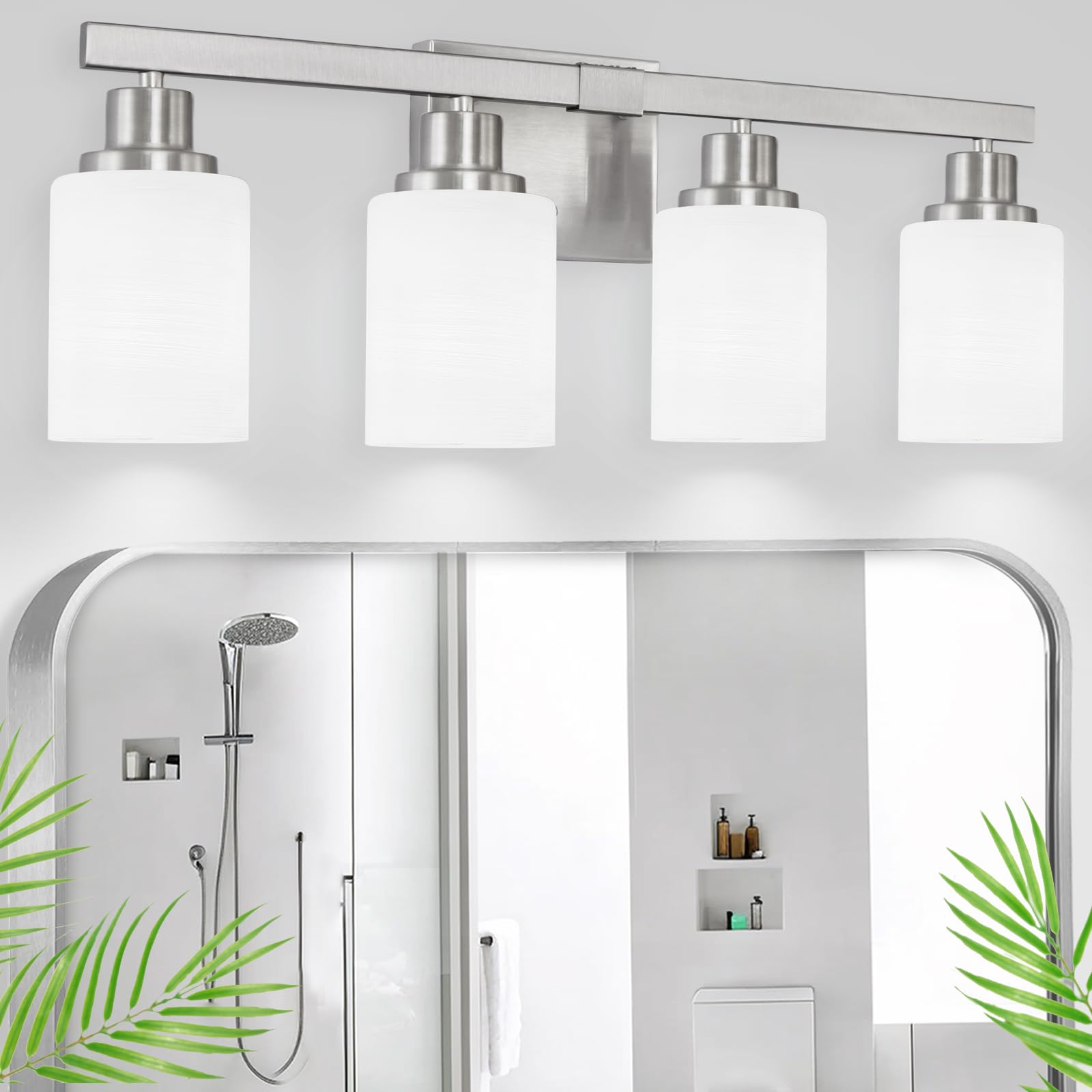 Photo 1 of DIKAIDA Bathroom Vanity Light, 4-Light Nickel Modern Bathroom Light Fixtures with Milky White Glass Shade, Wall Lights,Bath Vintage Wall Mounted Lamps for Mirror Bedroom Living Room Hallway Cabinet