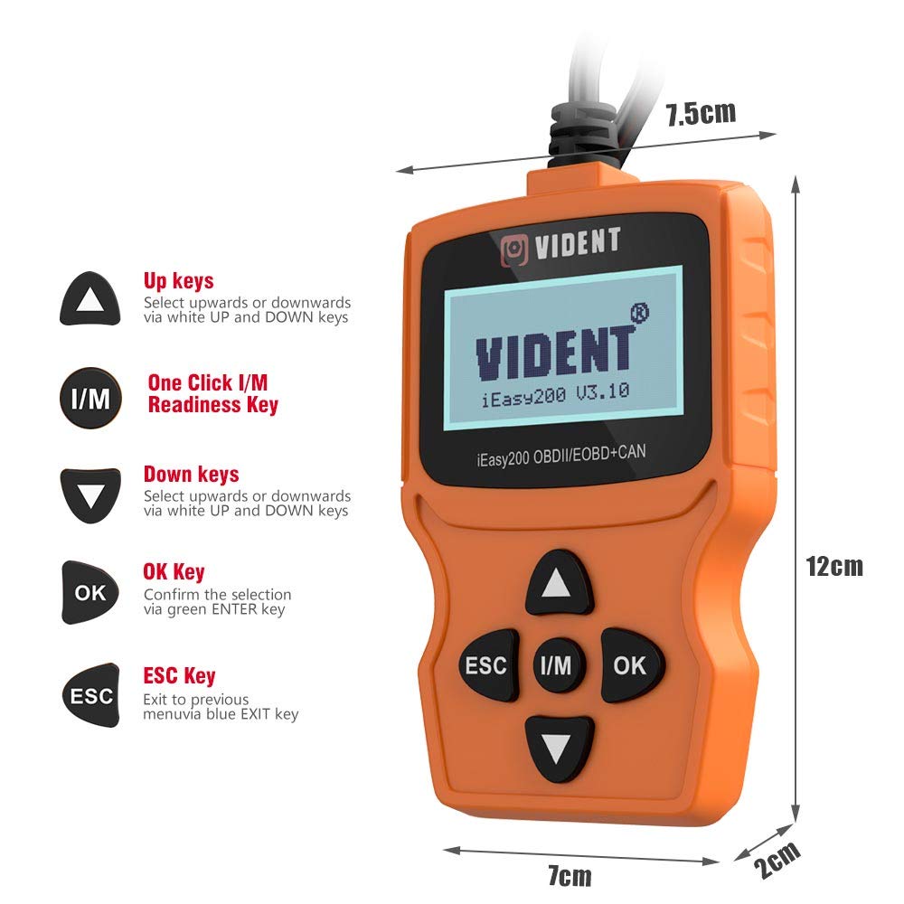 VIDENT iEasy200 OBDII/EOBD CAN Engine Light Scan Tool Car Code Reader with I/M Readiness (iEasy200)