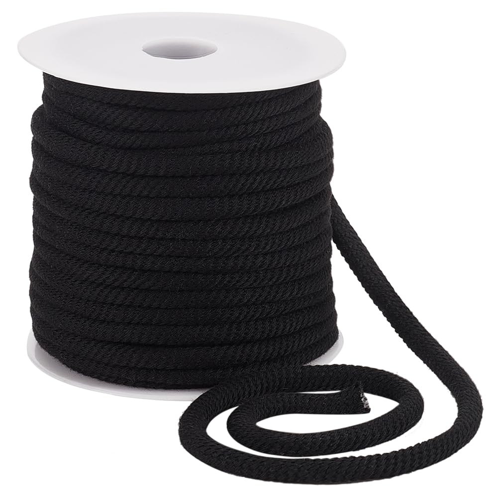 BENECREAT 25m Black Thread Cord, 6mm Polycotton Drawstring Replacement Soft Rope with Plastic Spool Braided Cord for Coats Pants Shorts Shoes Crafts