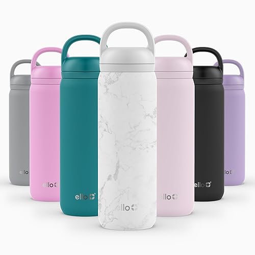 Ello Cooper Twist 22oz Stainless Steel Water Bottle with Chug Lid | Leak Proof Double Walled and Vacuum Insulated | Fits Car Cupholder | Built in Carry Loop | Dishwasher Safe | White Marble