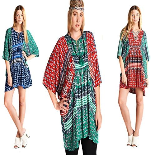VELEZRA Women's Plus Pheasant Boho Dolman Half Sleeve Bohemian Dress [Red/Green] [3X]