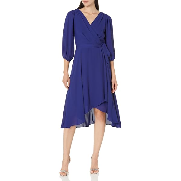DKNY Womens Chiffon 3/4 Sleeve Faux Wrap Dress at Amazon Women's Clothing  store