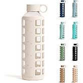 purifyou 40oz / 32oz / 22oz / 12oz Borosilicate Glass Water Bottle with Time & Volume Markers, Silicone Sleeve, Stainless Steel Lid | Reusable Glass Bottle for Water & Juice (32oz Pearled Ivory)