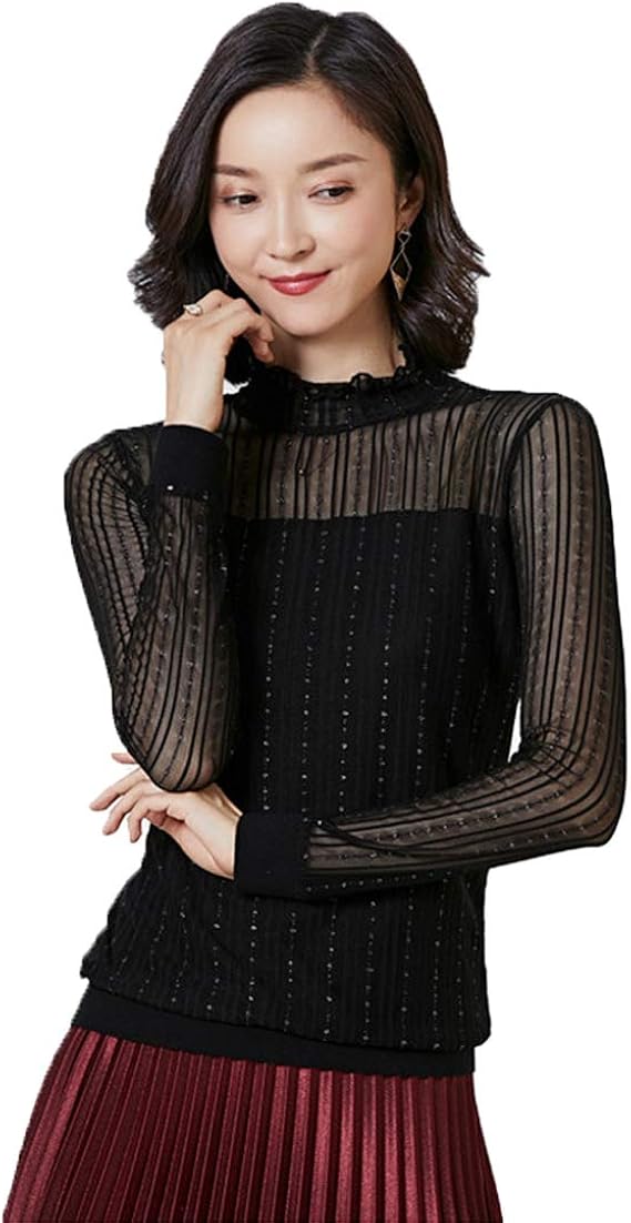 Amazon もうほうきょう ショルダ シースルー トップス レディース 長袖 レース インナー シャツ 総レースブラウス 重ね着インナー フリルハイネック 薄手 エレガント M 3xl シャツ ブラウス 通販