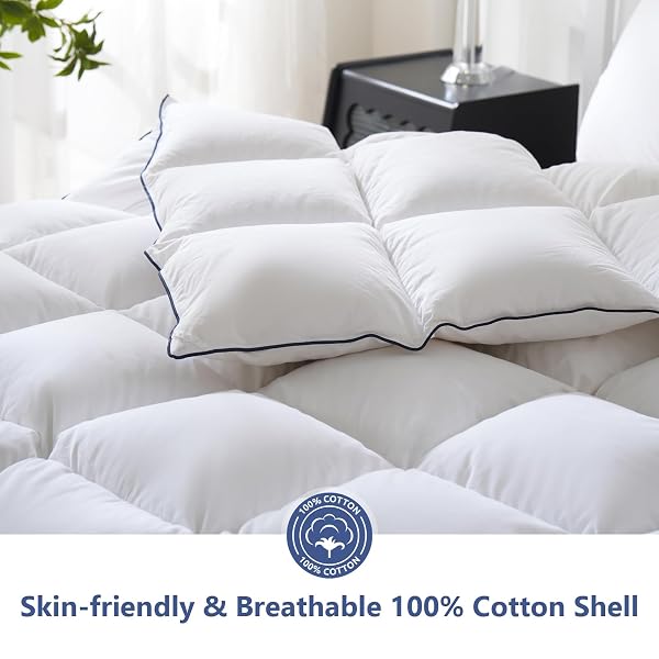 DOWNCOOL OVERSIZED QUEEN FEATHER DOWN FIBER COMFORTER, 100% COTTON COVER ULTRA SOFT FLUFFY DUVET INSERT, ALL SEASON HOTEL STYLE BEDDING COMFORTERS WITH CORNER TABS, WHITE 98″X98″