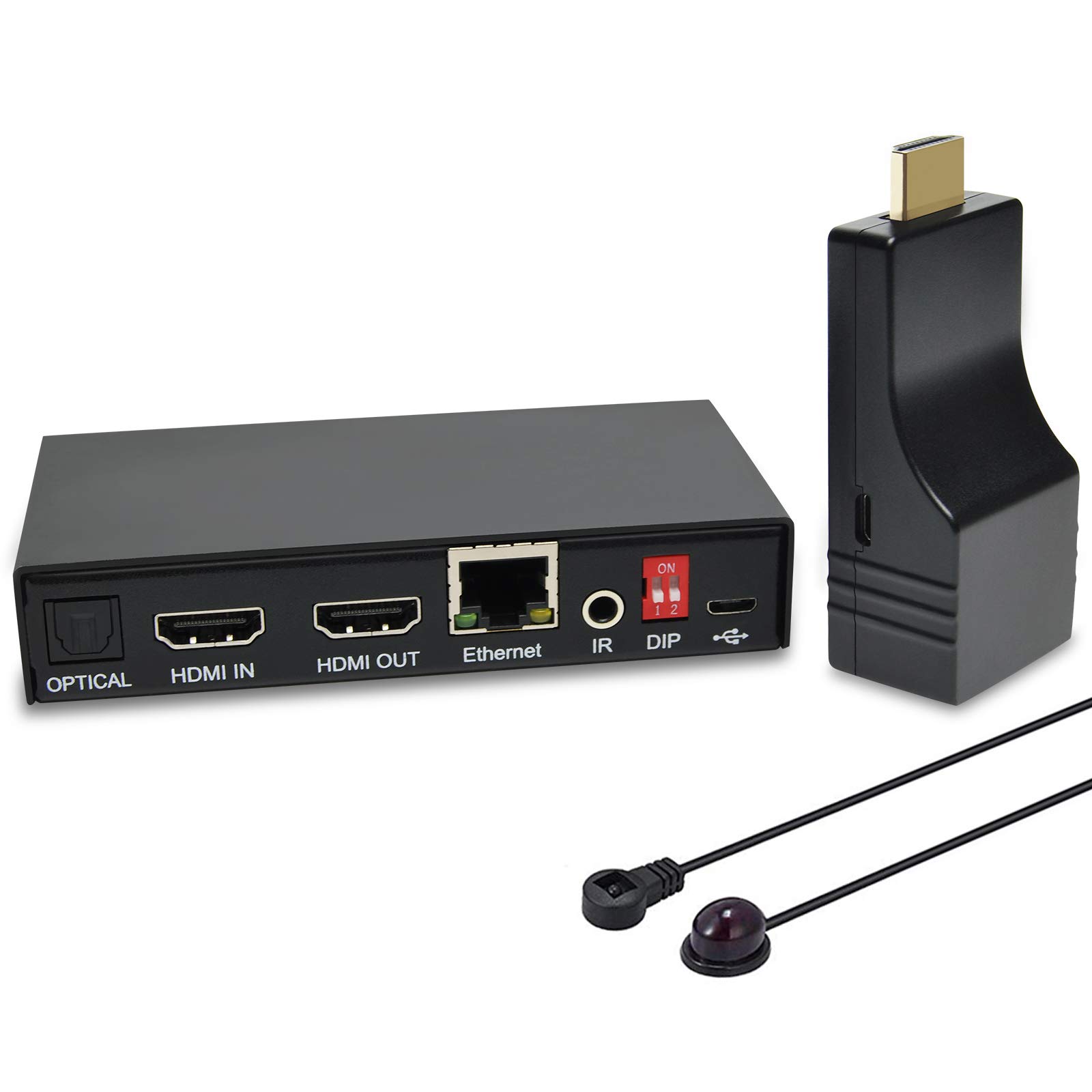 DDMALL HDMI Extender with Local Loopout, Up to 70m at UHD 4K@60Hz over a CAT5e/CAT6 Cable, Supports IR, HDR, HDCP 2.2/1.4, HDMI 2.0, HDR, USB-Powered, 4K HDMI Transmitter and Receiver Kit (HE-35IR)