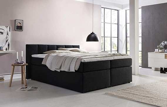 Boxspringbett Valina 180x200cm Schwarz H3 inkl. Lieferung ins Schlafzimmer & Visco-Topper, Taschenfederkern-Matratze, ideal für Dachschrägen amerikanisches Bett Hotelbett Polsterbett Doppelbett