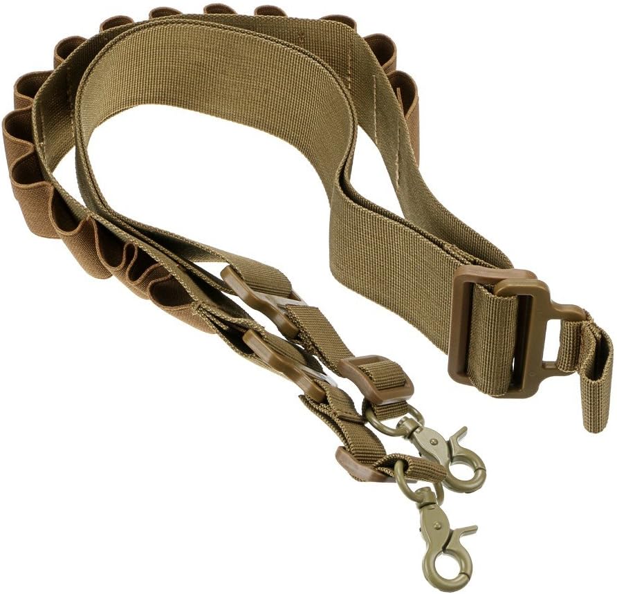 Coolove Tactical 2 Point Shotgun Sling 15 Shell Ammo Holder Bandolier 12Ga Nylon Military Shotgun Shell Sling (Tan)