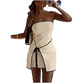 GORGLITTER Women's Strapless Bow Tie Front Bodycon Mini Dress Asymmetrical Summer Knit Sun Dresses Elegant Classy 2025