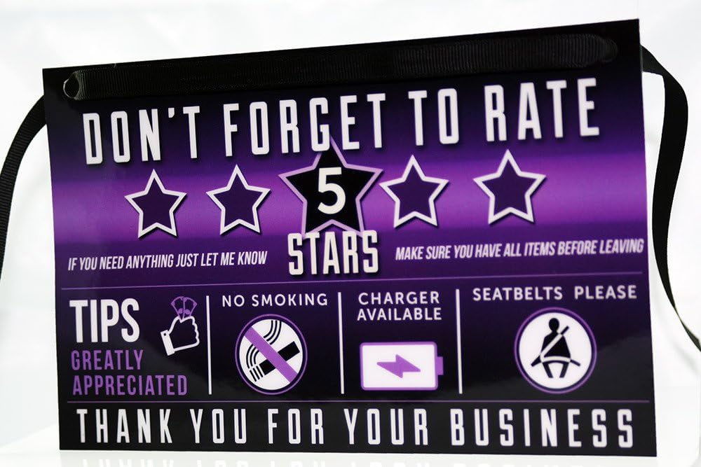 Louisville Marketing Rideshare Tip and Rating Signs for Drivers 5x8 inches Set of 3 (2 Rear 1 Dash) | Durable Laminate | Increase Your Cash