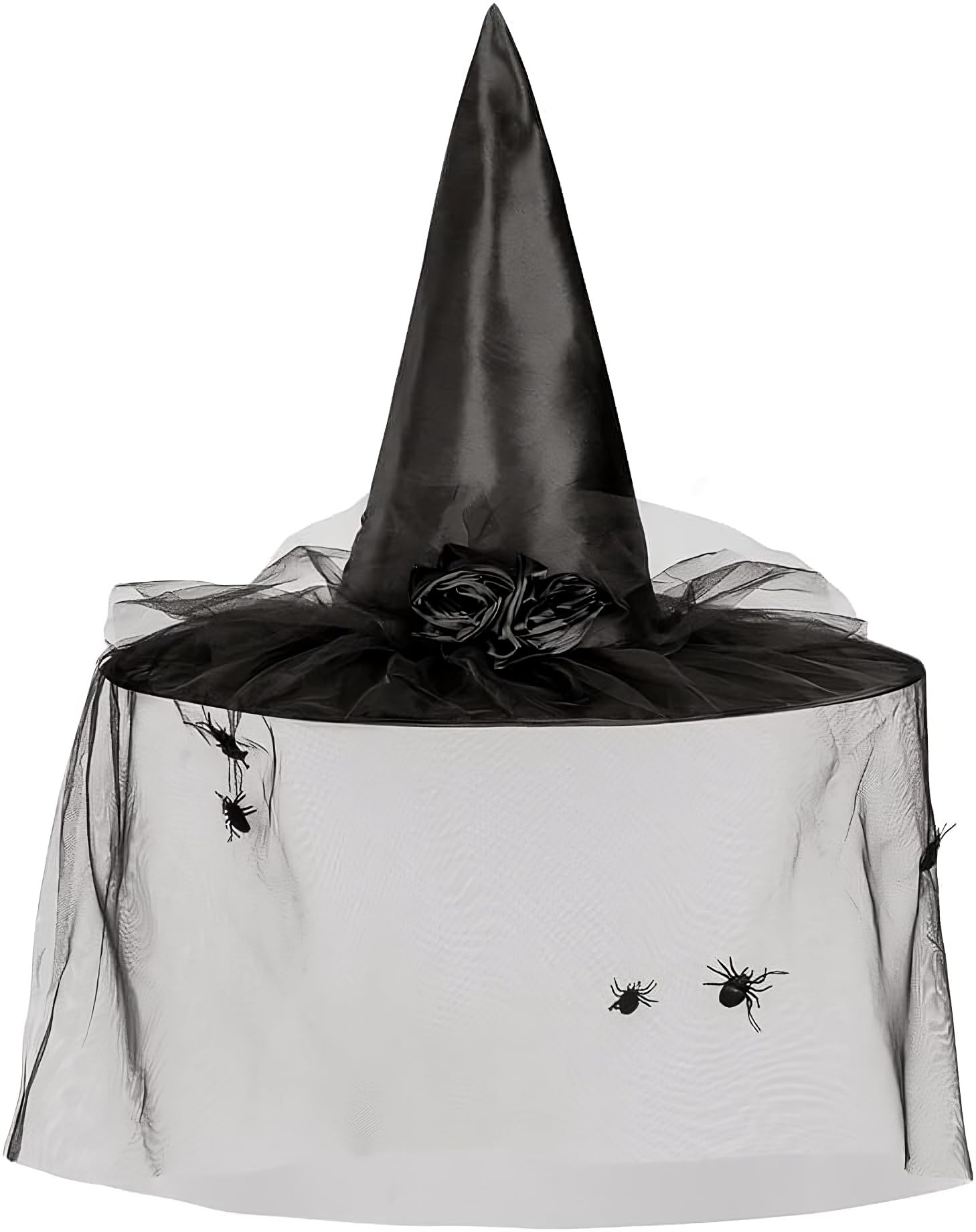 Boland Esmeralda Witch Hat with Veil – Black Pointed Witch Hat for Adults with Spider Detail and Roses – Ideal for Halloween, Cosplay, Fancy Dress and Themed Parties