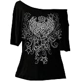 RoseSeek Women's Off The Shoulder Goth Graphic Tees Short Sleeve Asymmetrical Oversized Y2K T Shirts