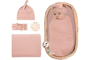 ZURLEFY Pink Baby Girl Newborn Swaddle Blanket, Receiving Blankets with Headband and Beanie Set for Baby Boys Nursery Swaddle Wrap (61-03)
