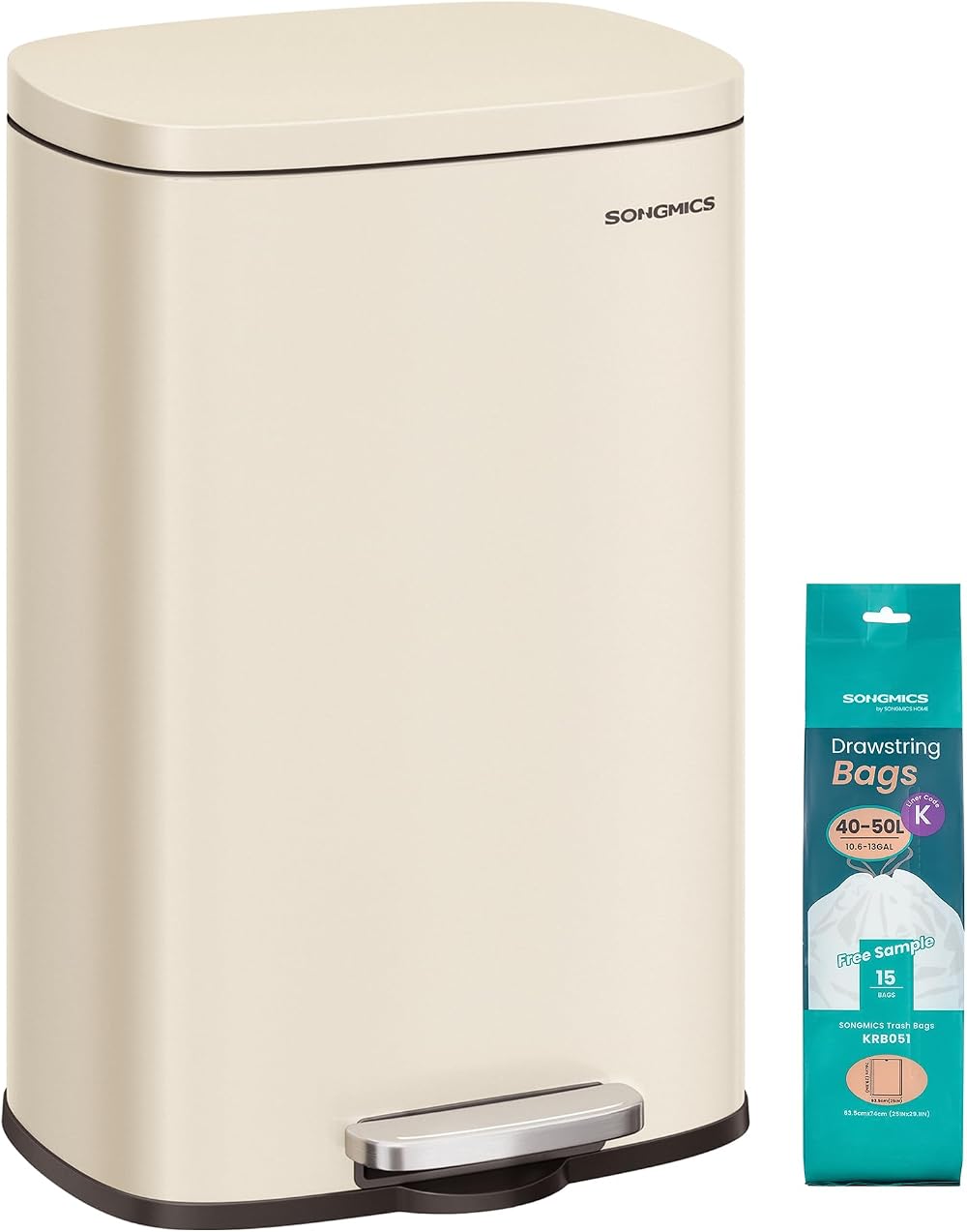 SONGMICS 50 L Kitchen Bin Pedal Soft Close Steel Inner Bucket Sand Beige