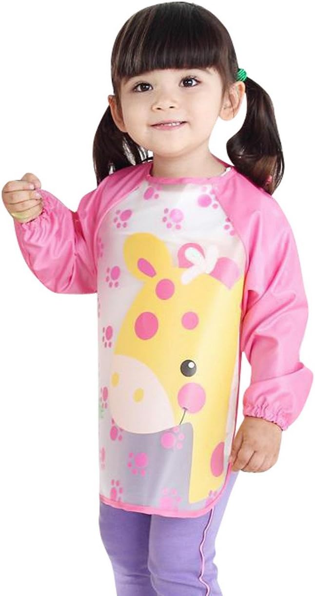 Happy Cherry Baby Toddlers Bibs Long Sleeved Feeding Painting Dribble Cartoon Parterns Bib Keep Stains Off 1-4 Years Old Giraffe