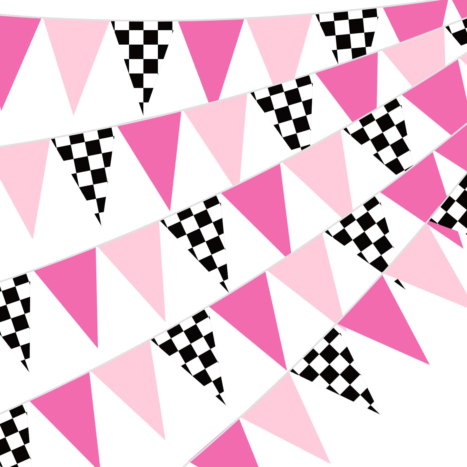 Photo 1 of Gersoniel 5 Pcs Racing Car Party Decorations Pink Black Checkered Triangle Flags Pennant Banner Race Car Garland Streamers for Girls Race Themed Birthday Baby Shower Outdoor Party Supplies