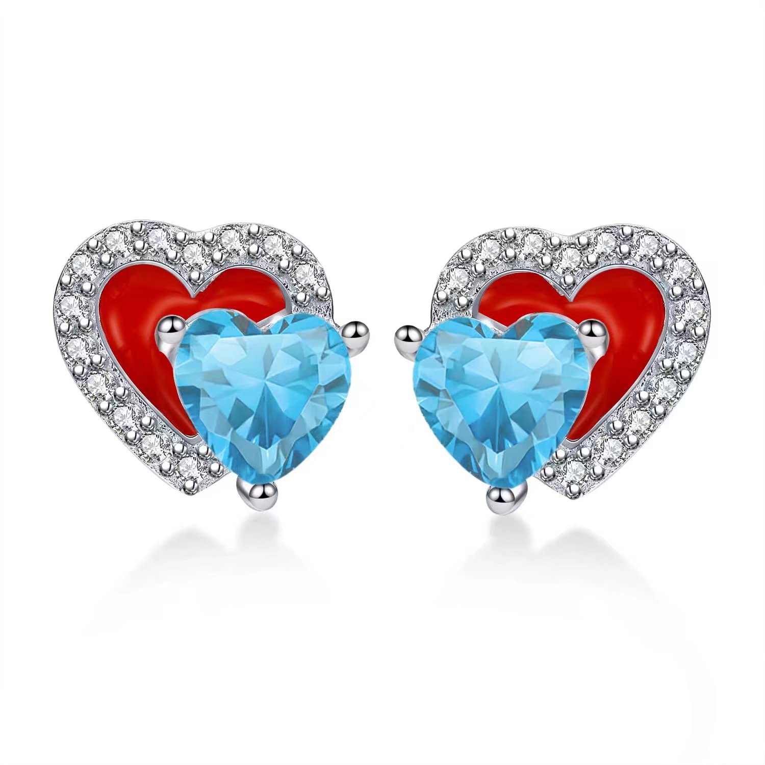 Qings December Turquoise Birthstone Stud Earrings Blue Topaz Tanzanite Cubic Zirconia 925 Sterling Silver Platinum Plated Double Heart Red Enamel Present for Mother Mom