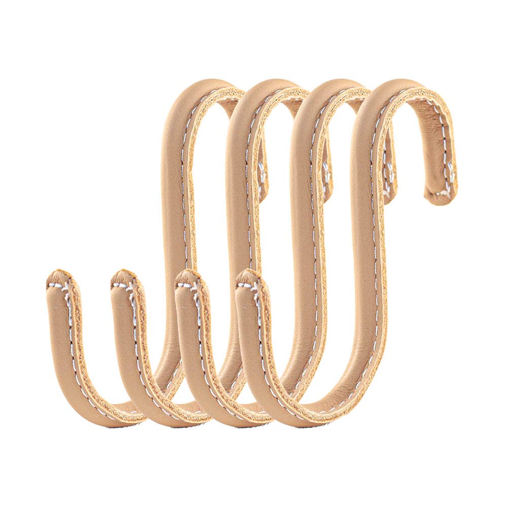 Brute Strength - S Shaped Hooks Wrapped in Full Grain Leather - 4 pcs - Natural - 10 cm Stainless Steel Metal Hangers Hanging Hooks for Kitchen, Work Shop, Bathroom