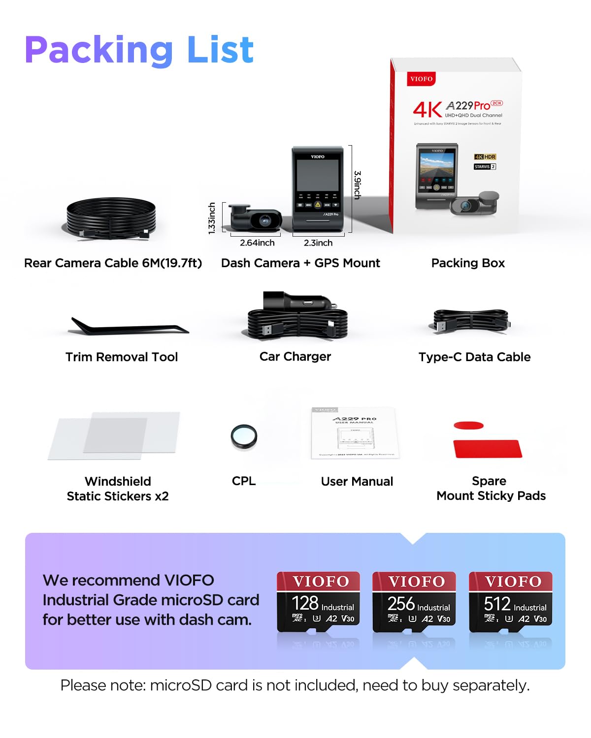 VIOFO A229 Pro 4K HDR Dash Cam, Dual STARVIS 2 IMX678 IMX675, 4K+2K Front and Rear Car Camera, 2 Channel with HDR, Voice Control, 5GHz WiFi GPS, Night Vision 2.0, 24H Parking Mode, Support 512GB Max